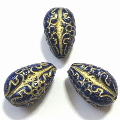 【50円均一】アクリルビーズ*約18.5×11mm*パターンドロップ/ダークブルー*4個入り