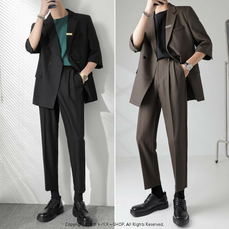 Rakuten - セットアップ メンズ 夏 大人カジュアル 軽熟風 半袖 七分袖 ジャケット パンツ 韓国風 トレンド ゆったり ルーズフィット カジュアル ビジネススタイル イージーケア シワになりにくい 化学繊維混紡素材