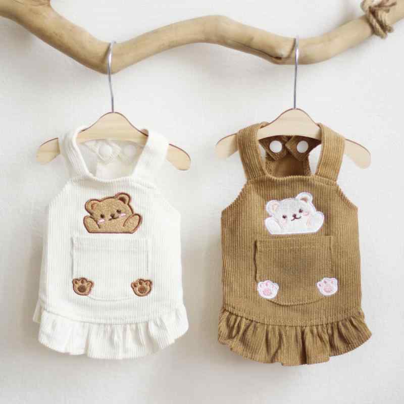 Garments - ペット服 猫 犬 服 背負い紐付き スカート 秋冬 フリル袖 コーデュロイ かわいい プリンセス スカート 白 ホワイト 茶色 ブラウン 小型犬 中型犬
