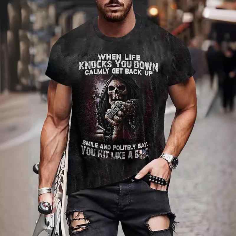 Rakuten - Tシャツ メンズ 男性 春夏 3Dスカル ドクロ 立体プリント カジュアル ストリート ビッグシルエット ゆったり クルーネック 半袖 ショートスリーブ トップス ポリエステル 通気性 吸湿速乾 普段使い