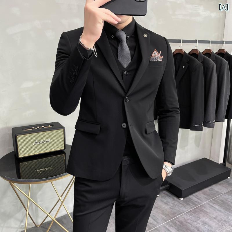 Rakuten - スーツ メンズ 男性用 ネイビー 紺 スリーピース 3点 2つボタン スリムフィット 細身 形態安定 シワになりにくい ドレープ感 落ち感 ビジネス 通勤 オフィス 結婚式 新郎 礼服 フォーマル セレモニー ポリエステル混紡