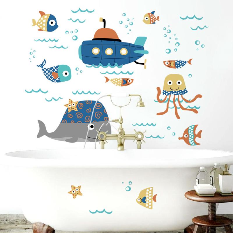 Rakuten - ウォールステッカー 子供 キッズ かわいい キュート 海洋動物 潜水艦 海の波 防水 貼ってはがせる デコレーションシール 子供部屋 浴室 リビング 寝室 玄関 おしゃれ
