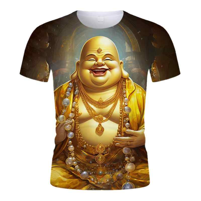 Rakuten - Tシャツ メンズ 男性用 半袖 クルーネック レギュラーフィット ポリエステル素材 軽量 快適 吸汗速乾 3D 布袋様 開運プリント キャラクター カジュアル 夏物
