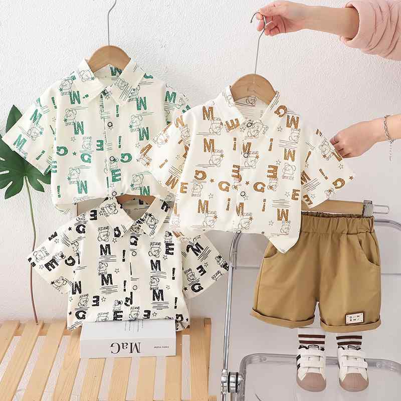 Rakuten - キッズ 男の子 夏服 セットアップ 襟付き 半袖 ポロシャツ ショートパンツ カートゥーンベア柄 2点セット コットン 薄手 カジュアル