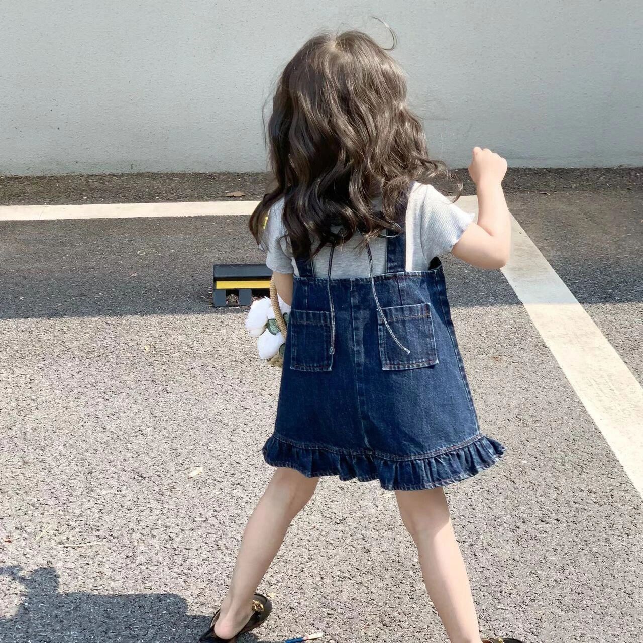 キッズ デニム オーバーオールスカート カットソー　セット 韓国子供服 ネイビー 9...