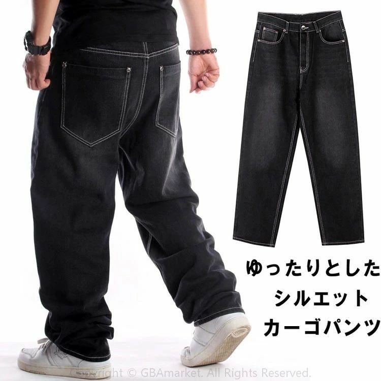 乐天商城 - デニム カーゴパンツ メンズ デニムパンツ ジーンズ 大きいサイズ ブラック ポケット ミリタリー ワークパンツ リラックス 大きめ ゆったり ワイドパンツ デニムカーゴ パンツ ジーパン おしゃれ カジュアル ビッグサイズ ダンス衣装 ヒップホップ ストリート系 B系 アメカジ