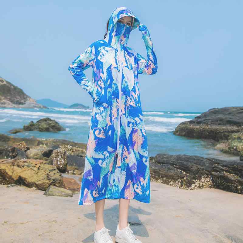 Rakuten - レディースラッシュガードロング丈 夏 日焼け防止 パーカー フード アウター カーディガン 羽織り ジップアップ 薄手 長袖 ひんやり 涼しい 快適 涼しい 通気性 プリント プール 海 レジャー アウトドア リゾート シンプル 紫 青 緑 花柄