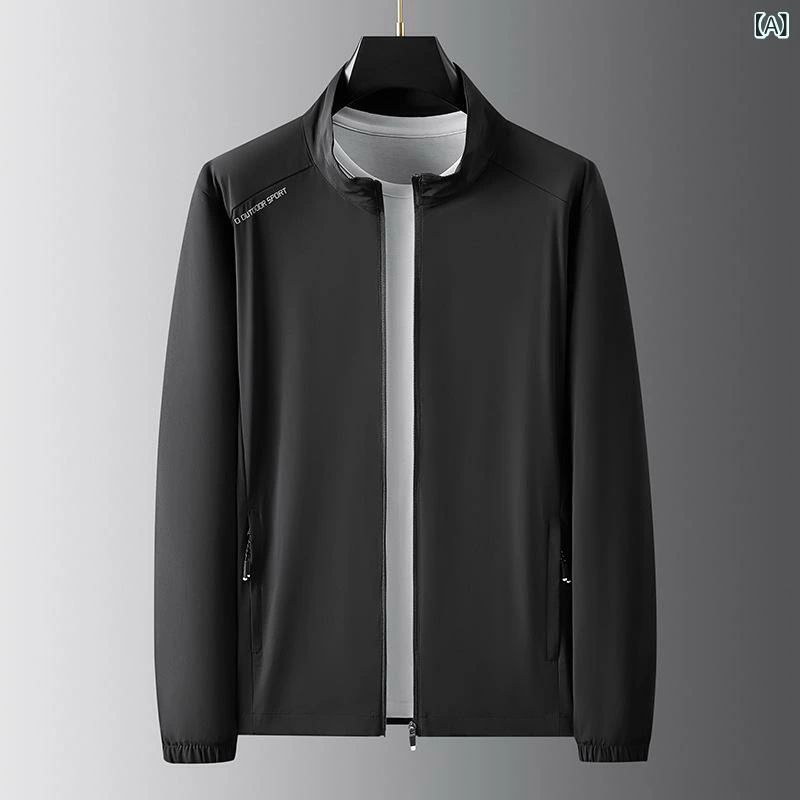 乐天商城 - ジャケット メンズ UVカット 大きいサイズ ゆったりシルエット 軽量 薄手素材 スタンドカラー ジッパー開き サイドポケット ナイロン混紡 黒 紺 グレー 夏 日常 通勤