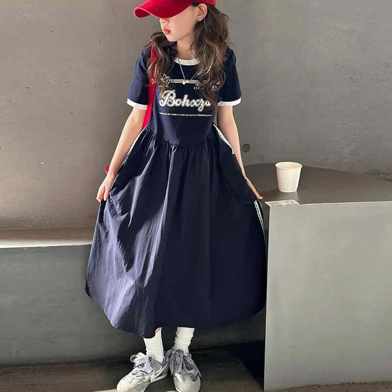 ワンピース キッズ 女の子 半袖 Aライン 膝丈 子供服 夏服 韓国風 おしゃれ かわいい プリント 切り替え 通学 普段着 ポリエステル
