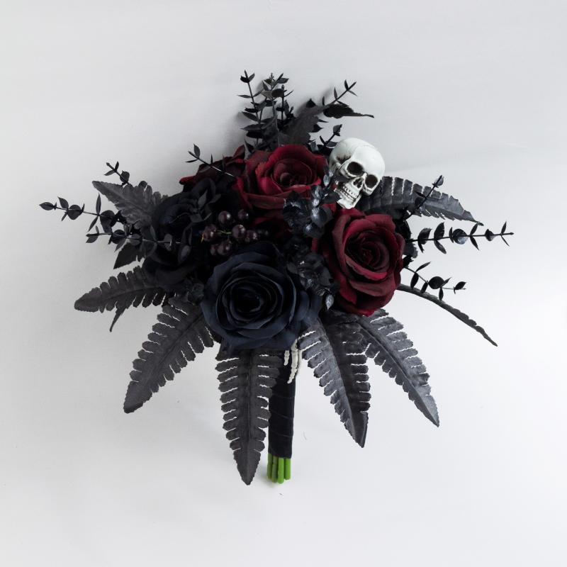 Rakuten - ブーケ 花嫁 ゴシックウェディング 結婚式 ハロウィン スカル ドクロ ダーク系 絹花 黒色 造花 ギフト プレゼント イベント パーティー ディスプレイ 装飾 記念日