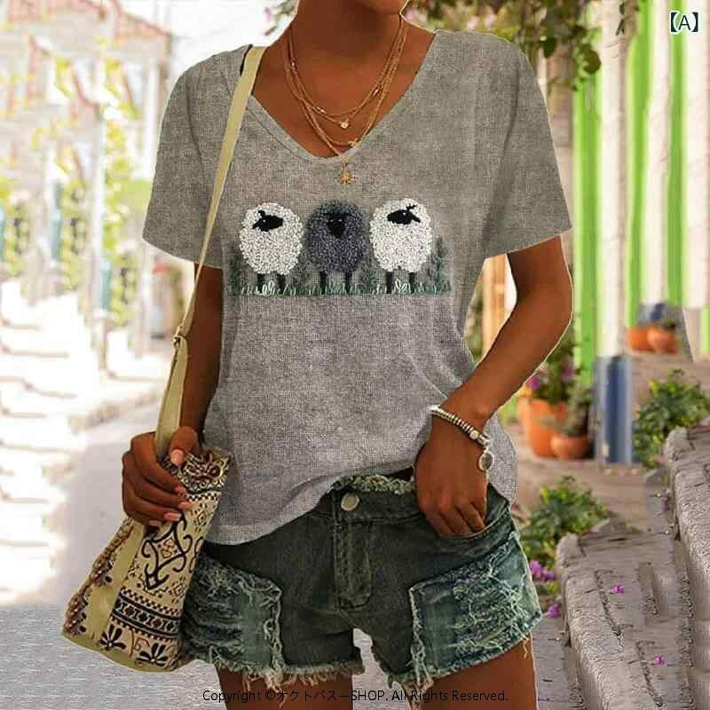 Rakuten - Tシャツ レディース 半袖 3D 猫柄 プリント かわいい カジュアル ポリエステル 快適 普段使い クルーネック ミドル丈 春夏 トップス 欧米風 ファッション プルオーバー