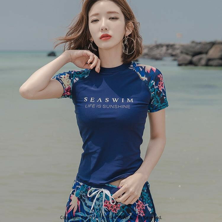 乐天商城 - 水着 レディース セパレート 半袖 トップス 体型カバー 着痩せ UVカット 露出控えめ 韓国風 温泉 プール 大人向け カップ付き ポリエステル