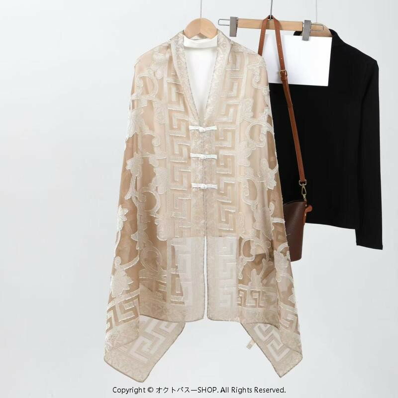 ショール レディース チャイナ風 春夏 薄手 透かし花柄 チャイナボタン エスニック 旅行 アウトドア UVカット 日よけ 大判 冷房対策 ポリエステル