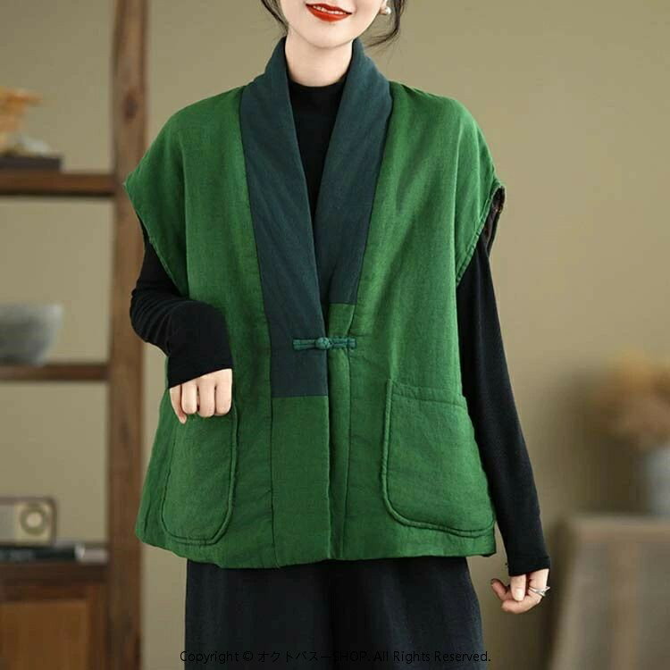 他の人とはかぶらない、外出着としてもお洒落な袖なし半纏。洗うほど柔らかくなる綿麻素材に中わた入れで、暖かさと快適さ両立のはんてん。衿幅を広くすることで、えがちな首筋まで温かく。前衿が重なるデザイン、からだにぴったりと寄り添い、温かさを逃しません。肩を包み込む袖なし半纏、家事など時邪魔することなく、作業がしやすいながら、肩冷えすることもない。ポケットが左右に付き、部屋を移動するときに携帯などをさっと入れるのにとても便利なはんてん。とてもおしゃれなデザイン、部屋着としてはもちろん、普段着、カジュアル、外出、ショッピング、旅行などいろいろなシーンに活躍できる1枚。 サイズ L XL サイズについての説明 L　肩幅60　バスト132　着丈63XL 肩幅63　バスト136　着丈64※サイズ表の実寸法は商品によって1-3cm程度の誤差がある場合がございます。 素材 綿麻　中わた 色 グリーン ローズ 備考 ●サイズ詳細等の測り方はスタッフ間で統一、徹底はしておりますが、実寸は商品によって若干の誤差(1cm〜3cm )がある場合がございますので、予めご了承ください。 ●商品の色は、撮影時の光や、お客様のモニターの色具合などにより、実際の商品と異なる場合がございます。あらかじめ、ご了承ください。 ●製品によっては、生地の特性上、洗濯時に縮む場合がございますので洗濯時はご注意下さいませ。 ▼色味の強い製品によっては他の衣類などに色移りする場合もございますので、速やかに（脱水、乾燥等）するようにお願いいたします。 ▼生地によっては摩擦や汗、雨などで濡れた時は、他の製品に移染する恐れがございますので、着用の際はご注意下さい。 ▼生地の特性上、やや匂いが強く感じられるものもございます。数日のご使用や陰干しなどで気になる匂いはほとんど感じられなくなります。