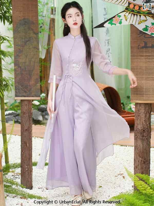 樂天商城 - アオザイ チャイナドレス レディース パンツ スーツ 中国風 ティー 禅 文学 アート 服 パープル グリーン