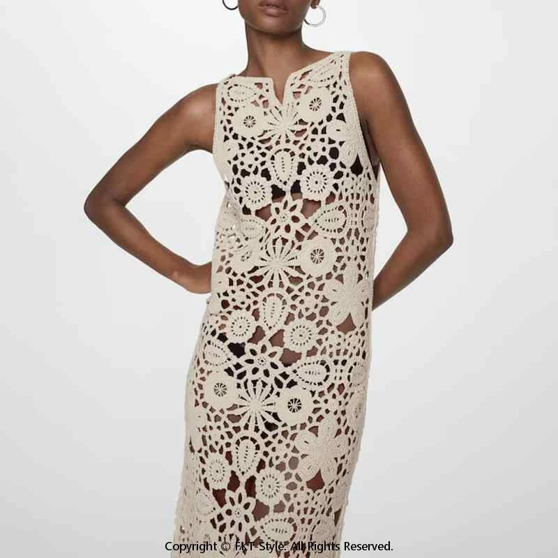 ワンピース レディース レトロ 文芸風 カジュアル ストレート ノースリーブ ハイウエスト ロング丈 くり抜き かぎ針編み レース 透かし編み ポリエステル ストレッチ タイト 夏 サマー