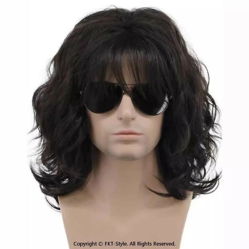 かつら ウィッグ メンズ 男性用 ミディアム カール ロックスタイル レイヤードバング 自然なふんわり感 耐熱ファイバー ブラック ブラウン ゴールド(x5)