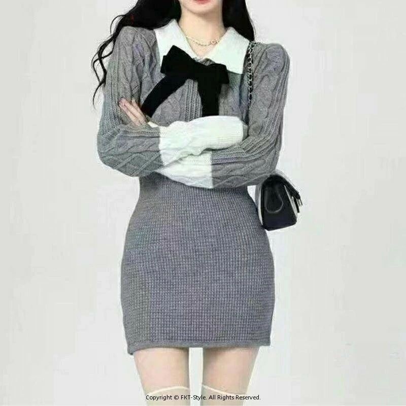 セクシー ニット ミニ ワンピース 蝶々結びフロント セータードレス 長袖 タイト チュニック ケーブル 編み ミニワンピ リブニット セーター 春 秋 冬 レディース コントラストカラー