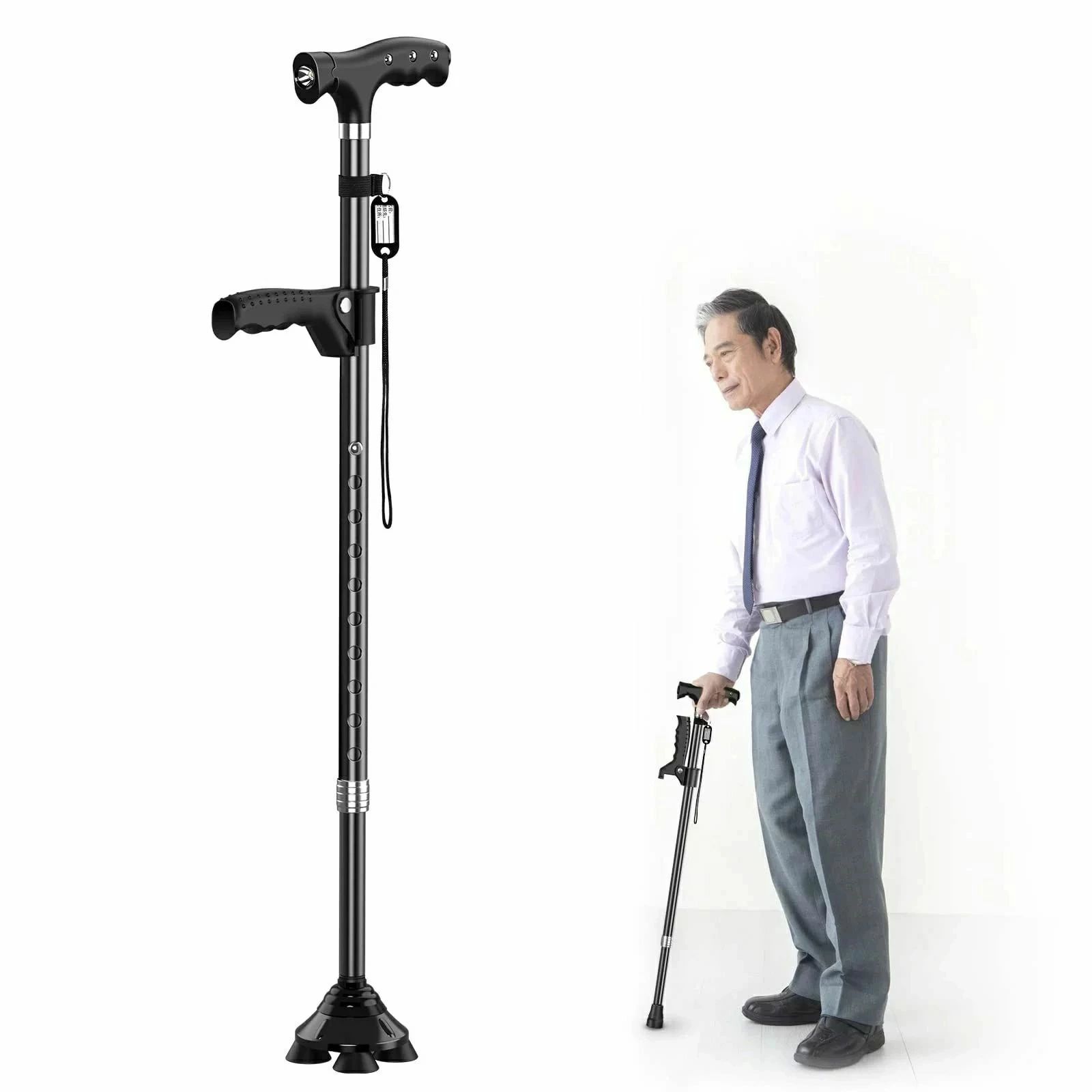 ステッキ 杖 倒れない 自立式4点杖 男女兼用 スマートケーン伸縮式 軽量 アルミ製 補助ハンドル付き 高齢者 介護/歩行支援 松葉杖 LEDライト付き 夜間散歩 母の日 父の日 敬老の日 プレゼント