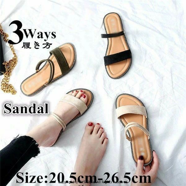 3ways フラットサンダル レディース ぺたんこ 歩きやすい 軽量 スリッパ 美脚 ストラップ ローヒール フラット アンクル ビーチサンダル トレンド シンプル 無地 小さい 黒 ベージュ 温泉 20.5 21.0 21.5 22.0 22.5 23.0 24.5 25.0 25.5 26.0 26.5