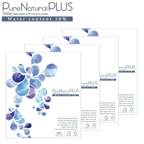 ピュアナチュラル プラス 38% 装用期間 1日交換 包装 1箱 30枚入り (フラットパッケージ) DIA 14.0mm BC 8.6mm 含水率 38% 度数範囲 -0.50D〜-6.00D (0.25Dステップ) -6.50D〜-10...