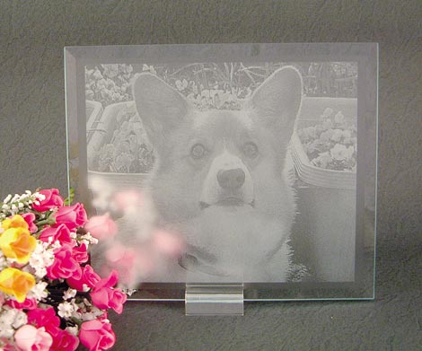 ガラスのマウスパット 写真彫刻(表面フロスト加工)スタンド.プレゼント中！ペット(オーナーズグッズ(犬などに！))