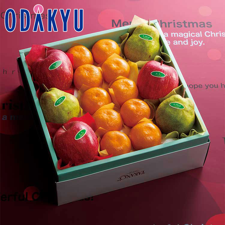 箱サイズ：32×32×13cm 内容：ラ・フランス（山形県産）、ふじ（青森県、山形県、長野県または岩手県産）×各3、みかん（愛媛県、和歌山県、熊本県または長崎県産）×10【商品特長】 鮮やかなクリスマスカラーのフルーツとみずみずしいみかんを...