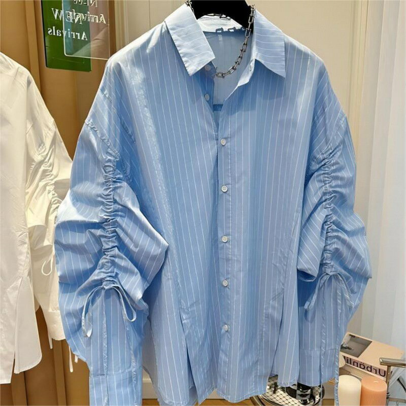 BIGシャツ ストライプ シャツ トップス レディース 長袖 白 ホワイト ビックシルエット ルーズシルエッ..