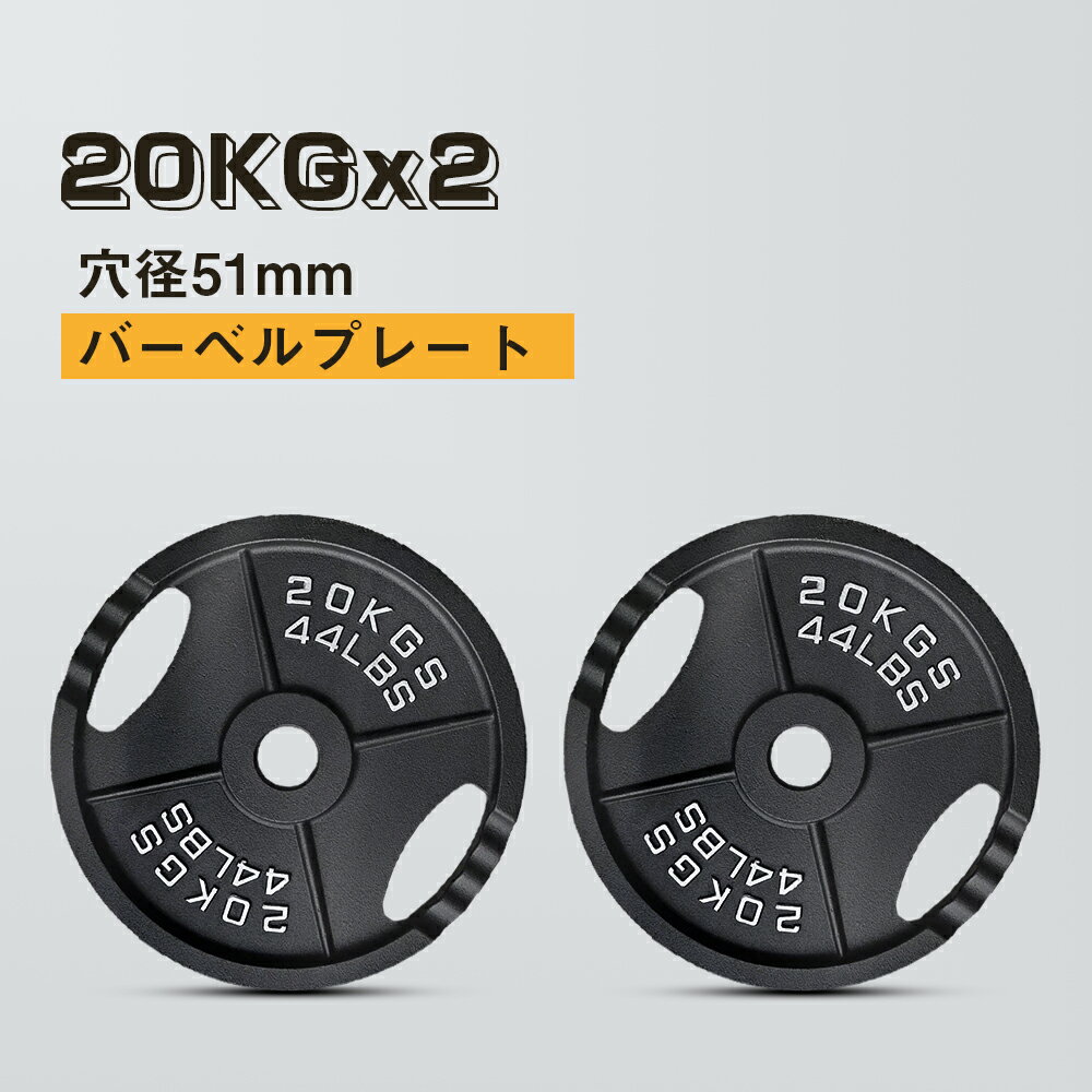 20KGx2 プレート ダンベル バーベル 穴開きプレート シャフト径50mm対応 2ヶ所グリップ 鉄製 アイアンプレート 穴径51mm バーベルプレート ベンチプレス 耐磨耗 滑り止め 床に傷めず 腕立て伏せ 筋トレ 鉄アレイ ウエイトトレーニング トレーニング器具