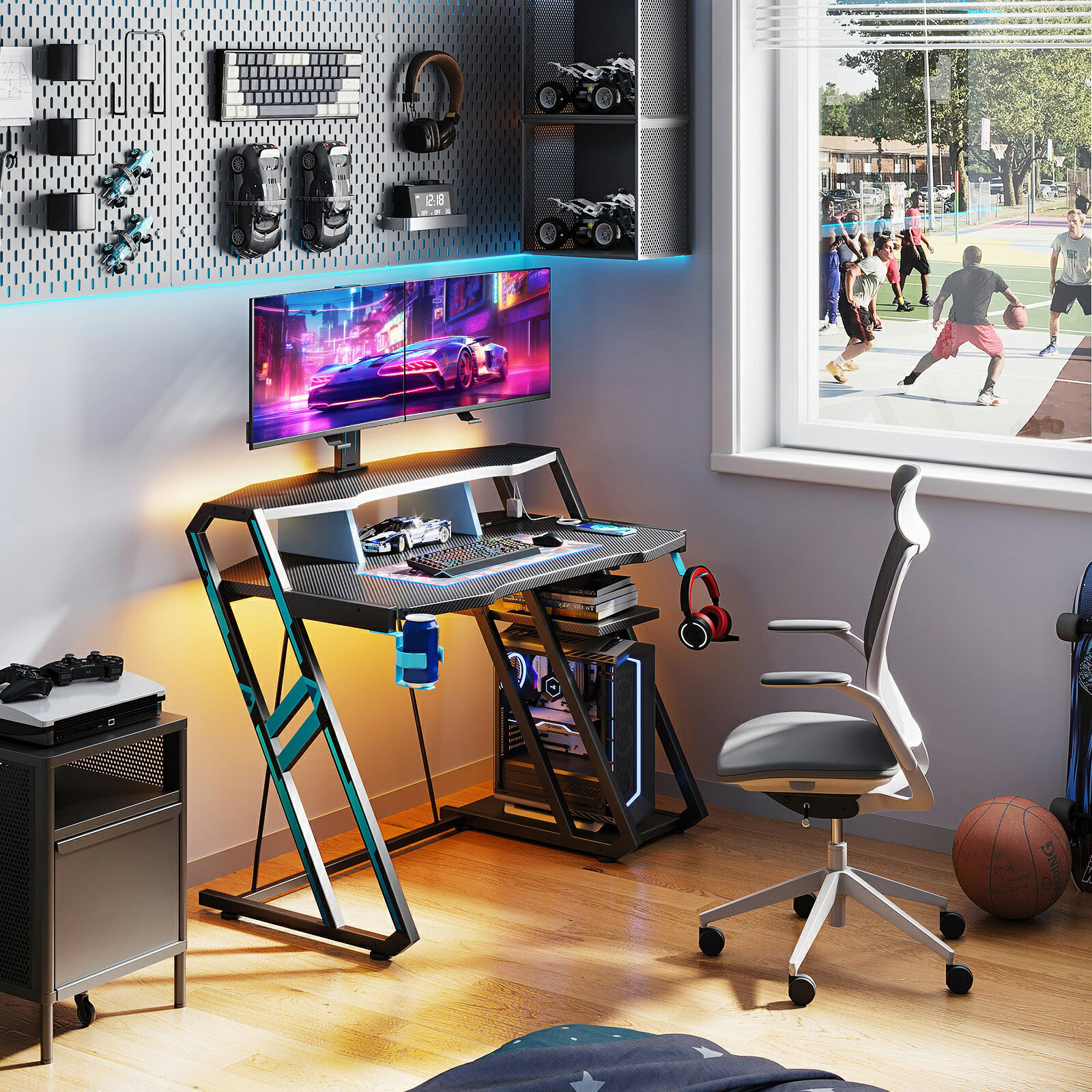 ＼20%オフクーポン配布 9:59まで/送料無料 ゲーミングデスク 幅100 安定丈夫 カップホルダーとフックは360度移動収納可能 収納ラック2段付き 台下区分収納 パソコンデスク PCデスク オフィスデスク ゲームデスク カーボン調 デスクチェア