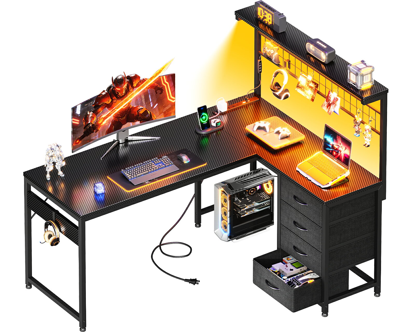 ＼新品入荷 10%オフ／ODKゲーミングデスク 引き出し4杯 パソコンデスク コンセント付き l字デスク RGB ゲーミングテーブル デスク 幅130 机 pcデスク勉強机 収納 ワーク オフィスデスク 仕事用 在宅勤務 desk 組立簡単 送料無料