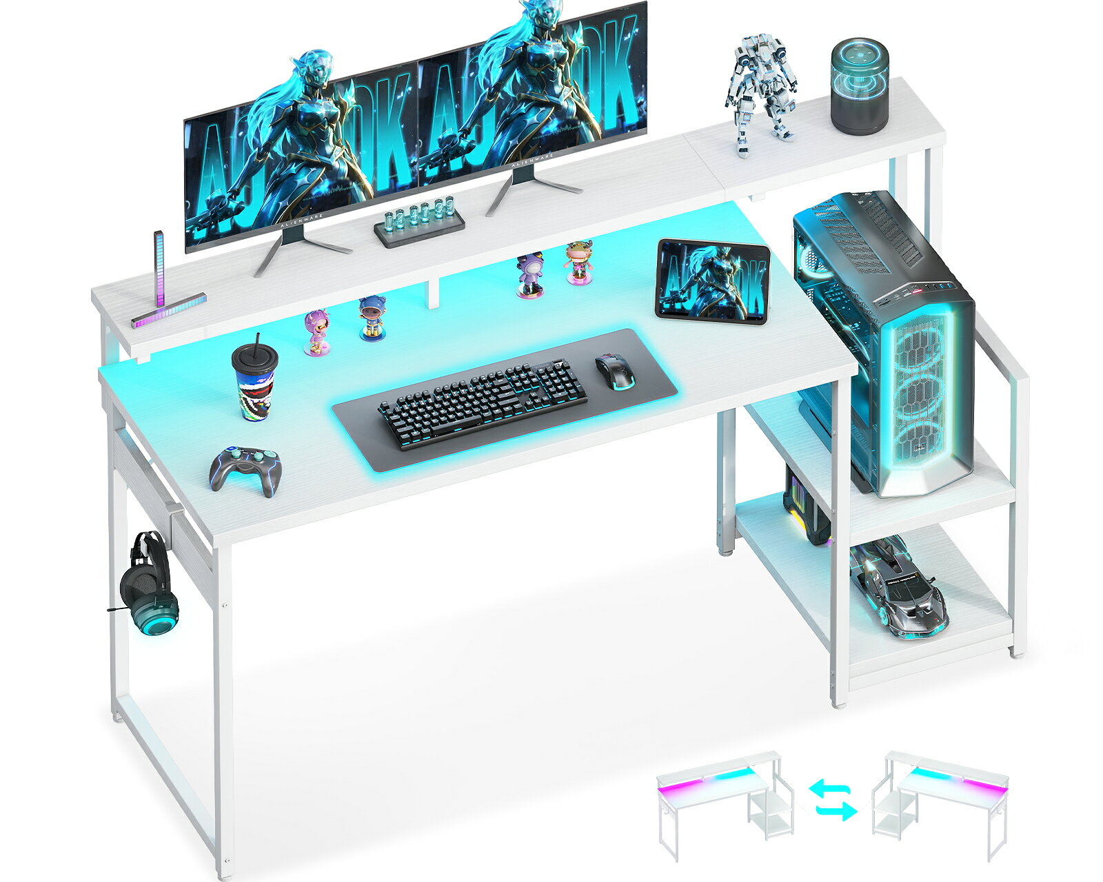 ＼／ODK ゲーミングデスク 幅122~142cm LEDライト付き モニター台付き プリンター台付き ゲームデスク gaming desk 在宅ワーク パソコンデスク 省スペース 左右入れ替え対応 勉強机 学習机 おしゃれ 送料無料