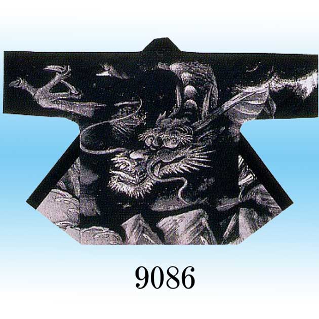 法被 半被 シルクプリント袢天 龍 隈取 黒 グレー よさこい 衣装