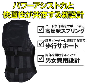 ワーキングパワースーツ【極】ボディ本体+歩行サポーターセット 重い物を運ぶ重作業者にお勧め! working power suit 作業アシストウェア 男女兼用 ベスト 腰痛 ベルト 腰痛軽減 腰痛対策 関節痛 作業補助 中腰作業アシスト 腰サポート ブラック 強力ばね入り 農作業