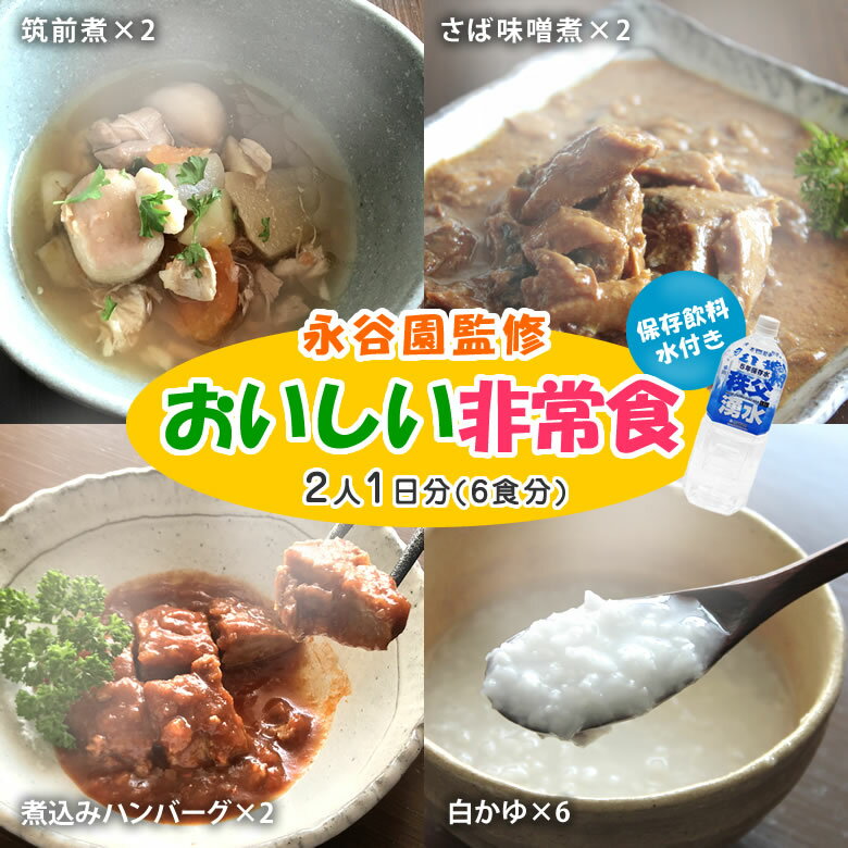 永谷園監修 おいしい非常食セット【2人1日分/6食】 非常食 保存食 防災セット 備蓄 ごはん ご飯 美味しい長期保存食 日本の味 調理不要 水無し レトルト 美味しい 保存水 長期保存食 日本製 5年保存 高栄養 さば味噌煮 煮込みハンバーグ 筑前煮 白かゆ