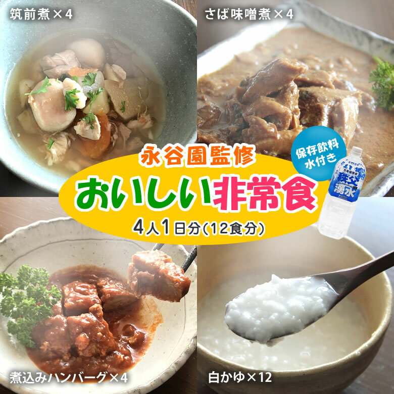 永谷園監修 おいしい非常食セット【4人1日分/12食】 非常食 保存食 防災セット 備蓄 ごはん ご飯 美味しい長期保存食 日本の味 調理不要 水無し レトルト 美味しい 保存水 長期保存食 日本製 5年保存 高栄養 さば味噌煮 煮込みハンバーグ 筑前煮 白かゆ