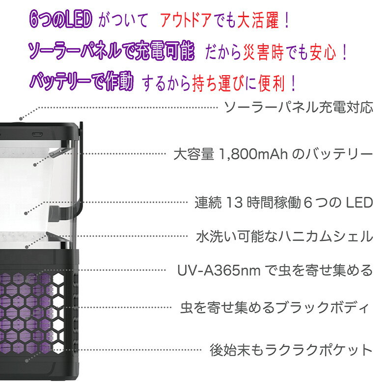 モスキーターZ 殺虫器 捕虫器 電撃殺虫器 蚊 対策 害虫 蚊取り か 蝿 ハエ コバエ 退治 対策 撃退 LEDライト 紫外線 UV-A ランタン 殺虫灯 ソーラー 充電 静音 コードレス 薬剤不要 電源不要 ニオイ無し コンパクト 持ち運び