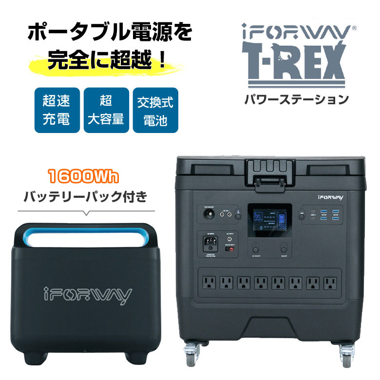iForway T-Rex【1600Whバッテリーパック付きセット】ポータブル電源 パワーステーション ポータブルバッテリー 非常用電源 非常用バッテリー 電源装置 超速充電 超大容量 交換式電池 ソーラー発電 ソーラー充電