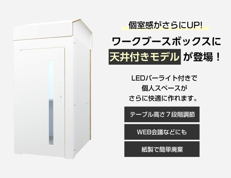 テレワーク ワークブースボックス 【天井・ライト付き】ホワイト 無地 在宅 デスク LEDライト 組立 簡単 収納 分解できる 吸音 集中 日本製 SDGs 環境配慮 資材 リボード 送料無料 窓付 配線 紙製 軽量 軽い