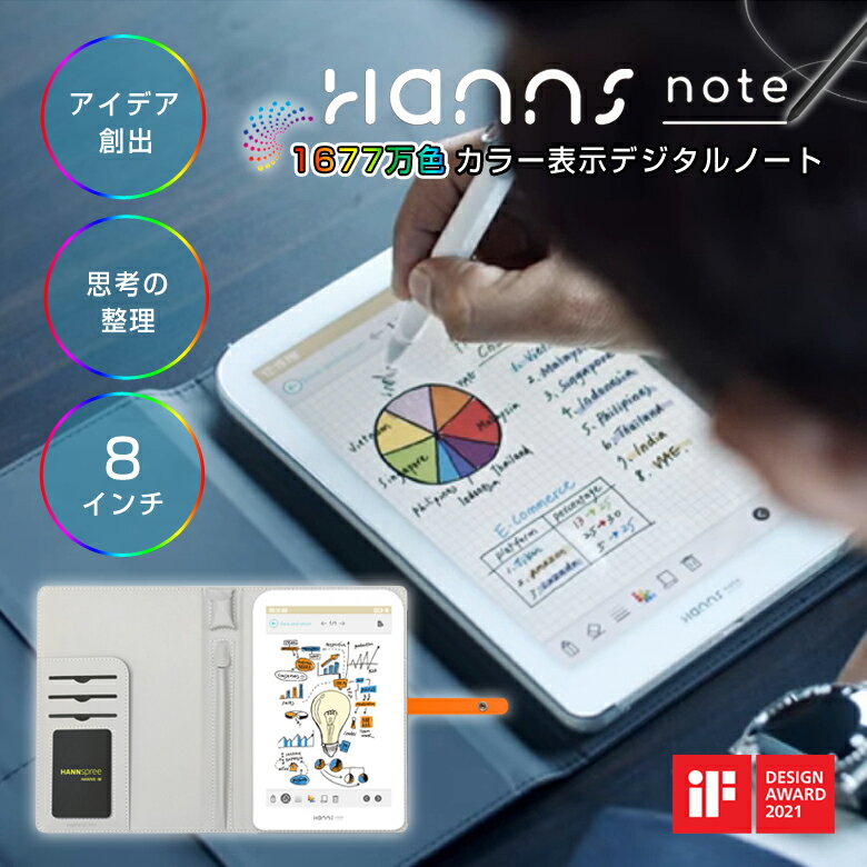 Hannsnote カラー表示デジタルノート ハンズノート 電子ノート デジタルノート デジタルメモ 電子メモ カラフルメモ 電子メモパッド 8インチ 1677万色 カラフル 鮮やか 視覚化 HANNspree Wacom EMR 搭載 アイデアの創出 アイディアの創出 思考の整理