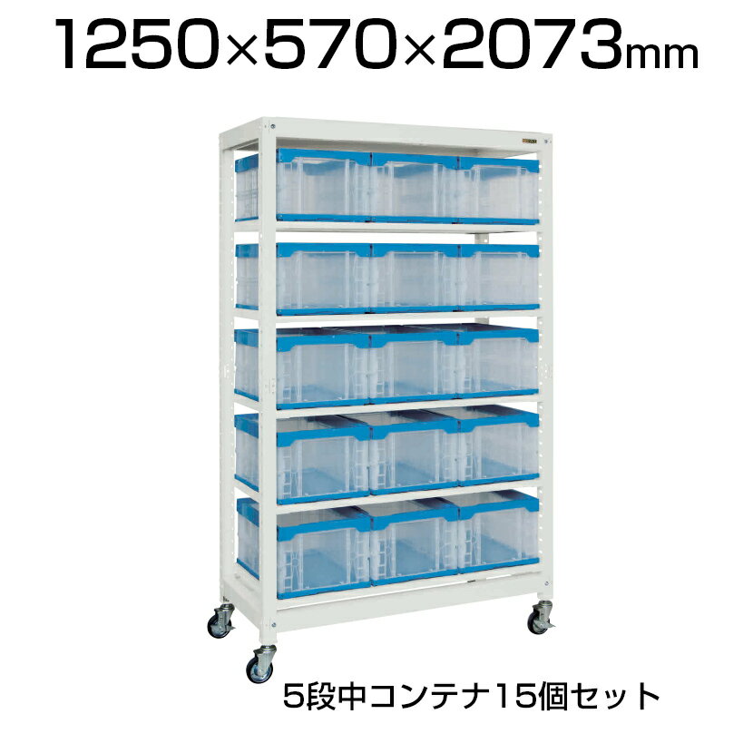 【本体】サカエ マルチプルラック コンテナ収納タイプ(移動式) 5段中コンテナ(40BTM) 15個セット 固定棚 耐荷重50kg 幅1250(間口) ×奥行570×高さ2073mm 収納ボックス 備品管理 SKE-MR1940BLC