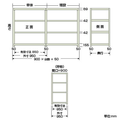 【追加/増設用】スチールラック 中量 300kg-増設 4段/幅900×奥行900×高さ2100mm/KT-KRM-099021-C4