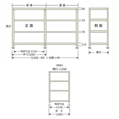 【追加/増設用】スチールラック KT-R-124524-C / 軽中量-150kg-増設 幅1200×奥行450×高さ2400mm-4段 [2]