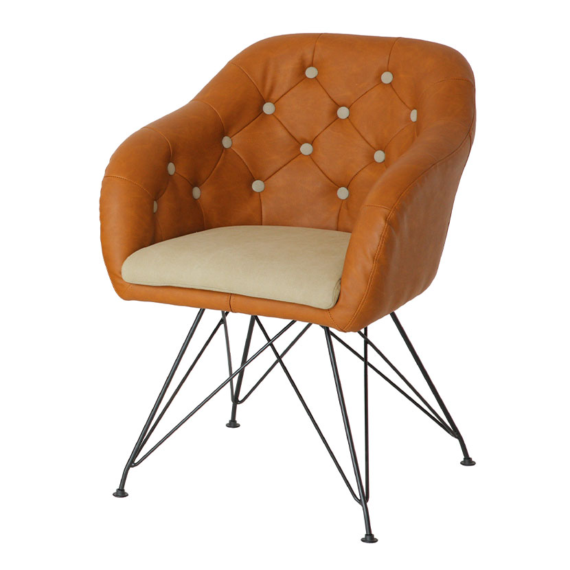 デザインチェア ボタン キャメル 肘付き 布張り アンティーク風 固定脚 パーソナルチェア ダイニングチェア 市場