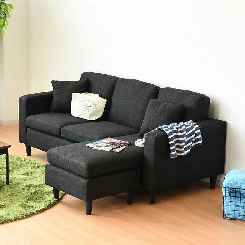 3人掛け カウチソファ ソファー ソファ コーナー L字 オットマン付き クッション付き ブラック 幅1820×奥行750・1280×高さ740mm(3)