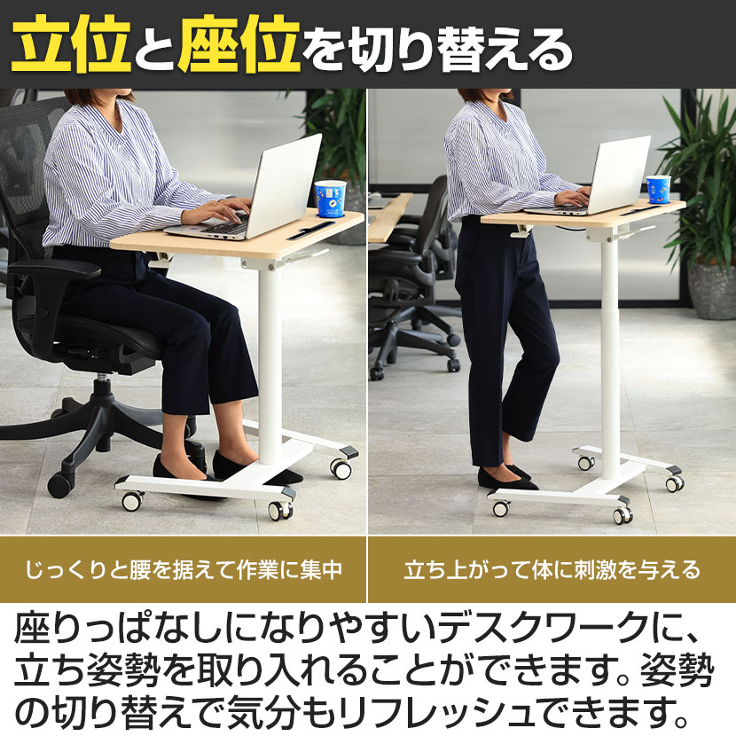 昇降ミニデスク 傾斜台 手動レバー式 キャスター付き 在宅勤務 幅690×奥行473×高さ735〜1121mm TVSOFLD801 [3]