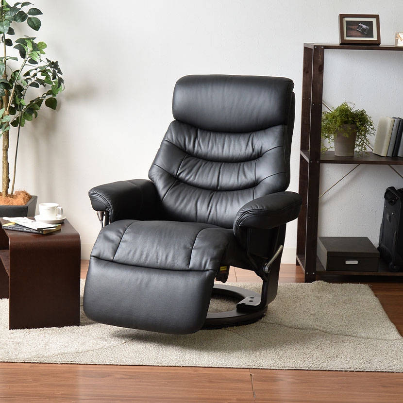 パーソナルチェア 本革張り リクライニングチェア 1人掛けソファ 省スペース 回転式 幅885×奥行900〜1685×高さ700〜1020mm