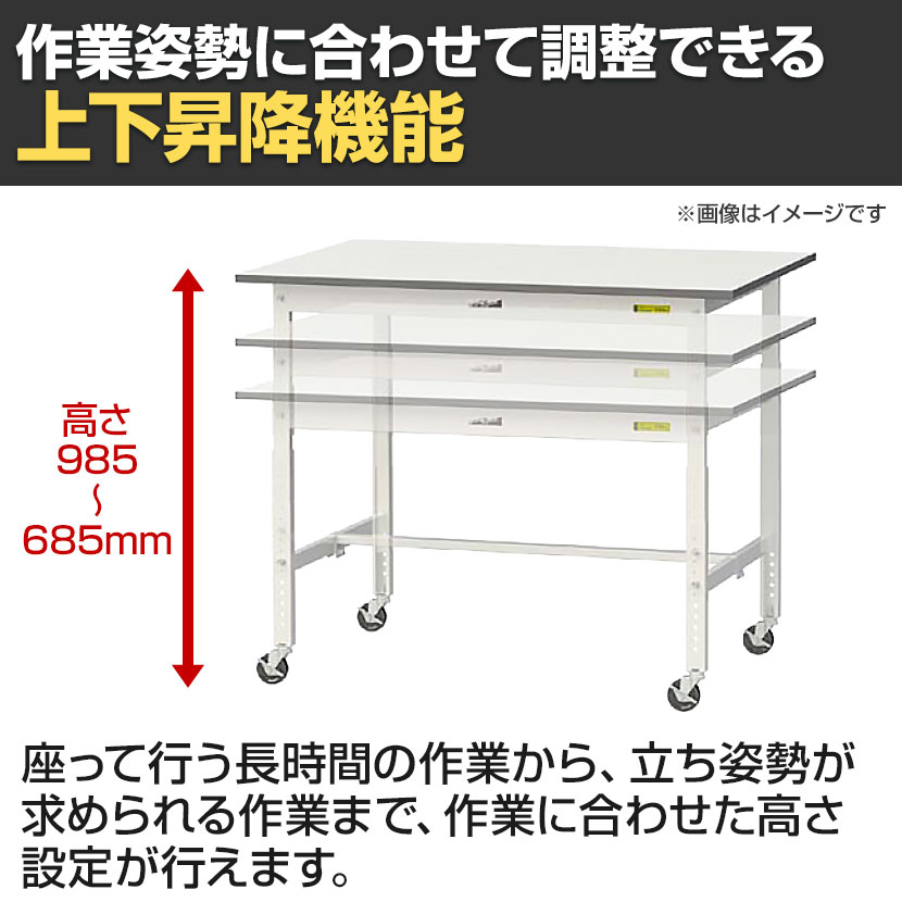 山金工業 軽量作業台 高さ調整 移動式 半面棚付き 低圧メラミン天板 ワークテーブ...