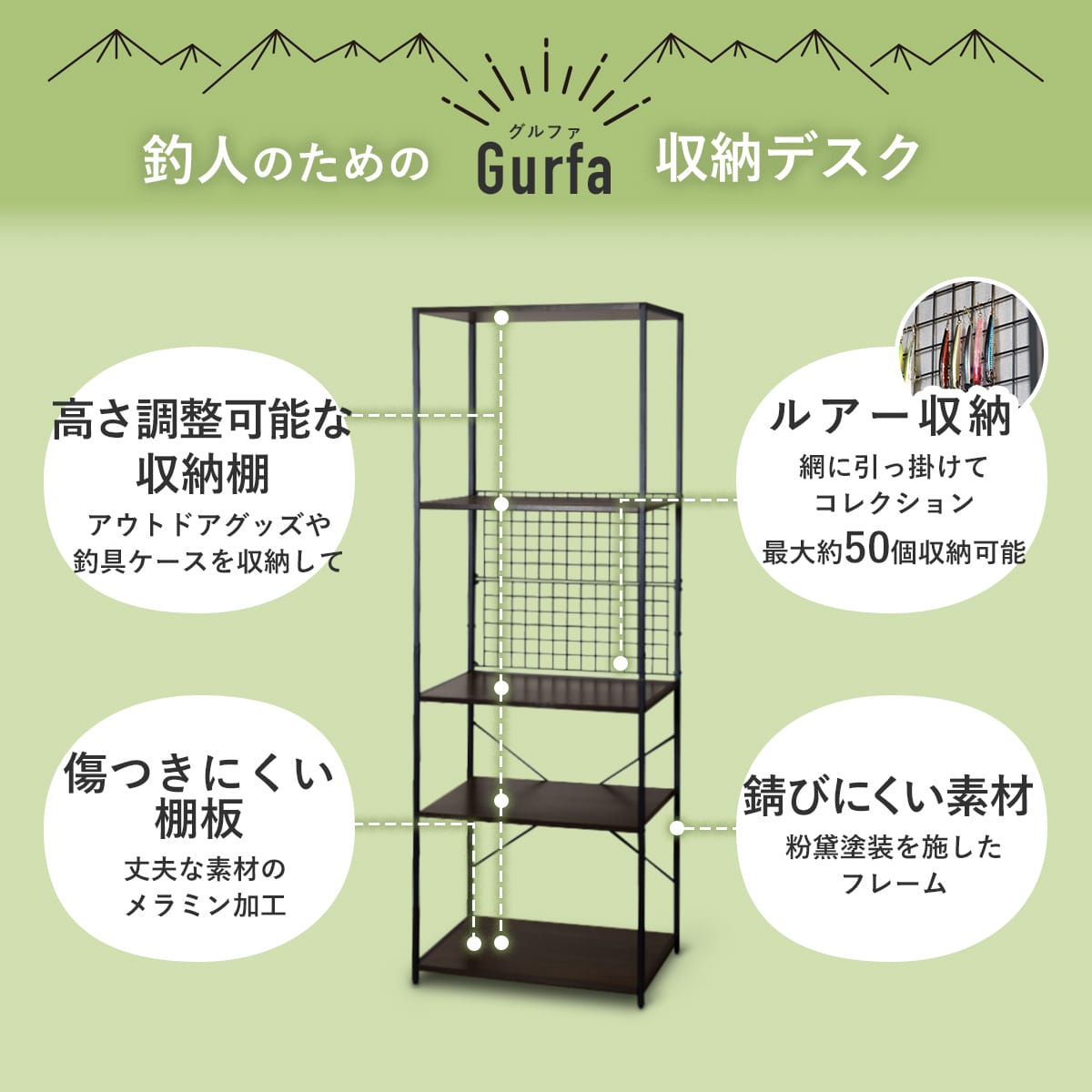 アングラー専用 釣り人 ラック シェルフ 棚 オープンラック 収納 幅60 可動棚 木製 スチール ルアー最大約50個収納 カスタム シリーズ 専用 ルアー収納 大容量 見せる収納 アウトドア 屋外 庭 ガーデン ベランダ バルコニー ソロキャン アウトドア収納 ラックグルファ ドリス