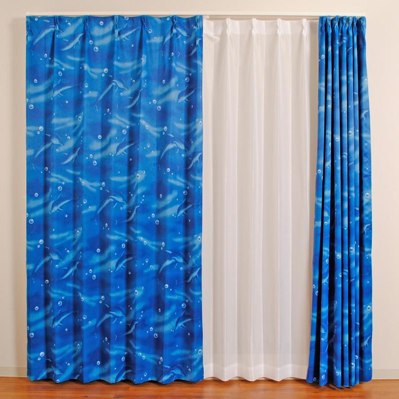 カーテン ドレープカーテン イルカ 動物柄 海 形状記憶 遮光性